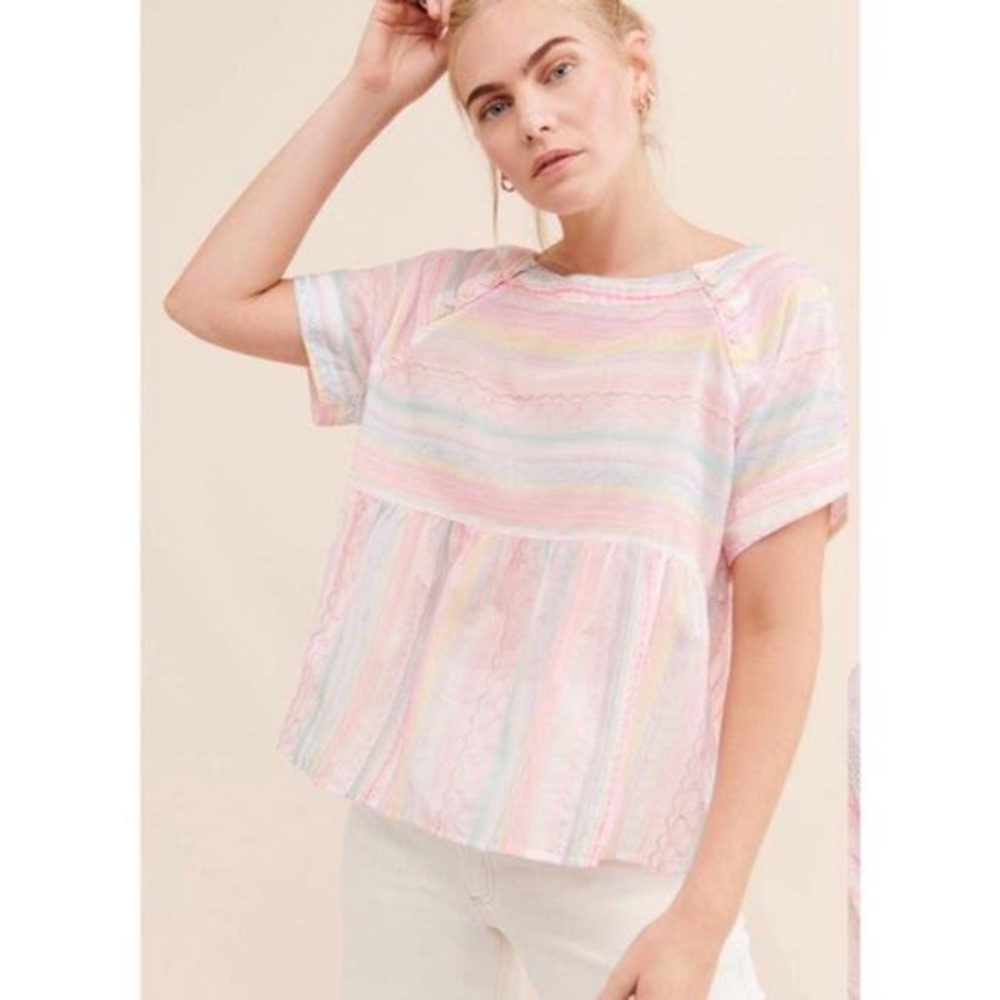 Anthropologie White and Neon Threaded Baby Doll Top Size Medium